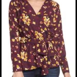 Gibson wrap blouse floral cuff sleeve with 4 pearls